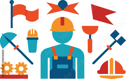 Labor day worker tools flags icons collection vector illustration scalable eps graphic