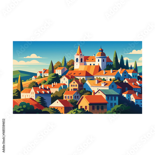 Wallpaper Mural Vector illustration of a colorful town with church on a hill Torontodigital.ca