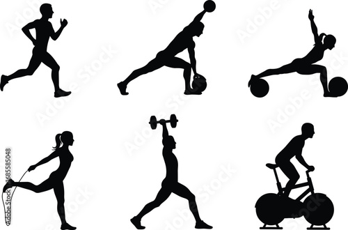 PrintVector silhouettes of people exercising, running, weightlifting, jumping rope, stretching with fitness ball, cycling indoor bike, workout, strength training, healthy lifestyle icons.