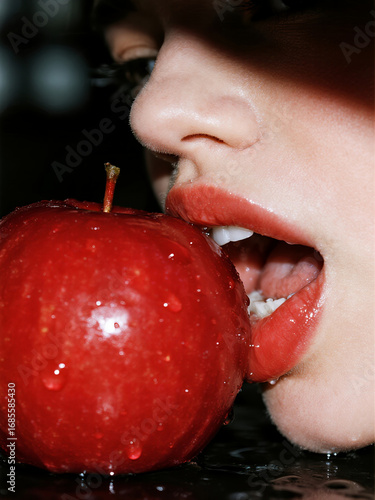 close up of a woman eating an apple 09829