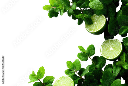 Fresh limes and mint leaves on black background
