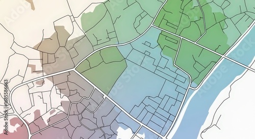 Cadastral map of a city showing property boundaries and roads. Urban planning and land management concept. Real estate visualization.