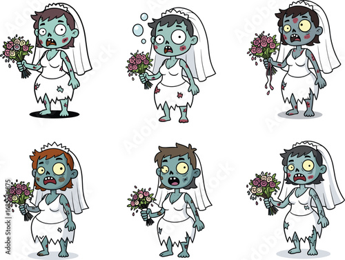 Cartoon zombie brides in wedding dresses, creepy funny undead women, Halloween horror character illustration, spooky bouquet, tattered dress design