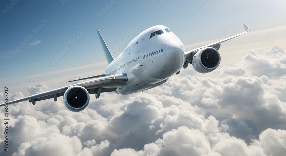 Obraz premium A majestic airplane soaring through a sky filled with fluffy clouds, symbolizing travel and adventure. The airplane is captured mid-flight against a beautiful blue sky