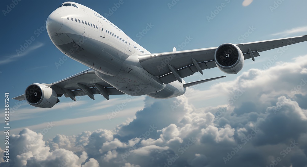 Naklejka premium A large passenger airplane flying through the sky, captured with a dynamic perspective. The plane is seen soaring above fluffy white clouds, creating a sense of travel, freedom, and adventure.