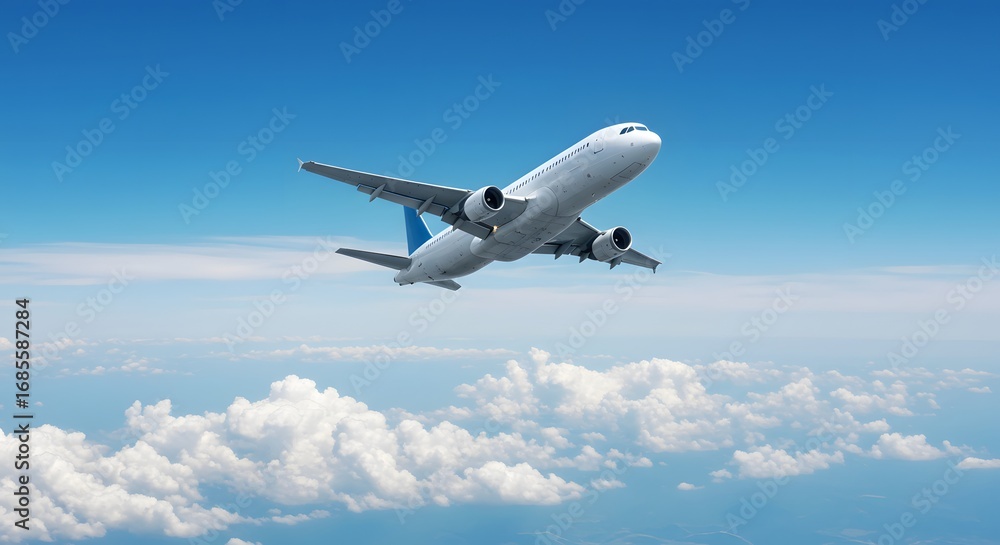 Fototapeta premium An airplane flying high above fluffy clouds, soaring through the clear blue sky. The airplane appears to be in mid-flight, a symbol of travel and adventure