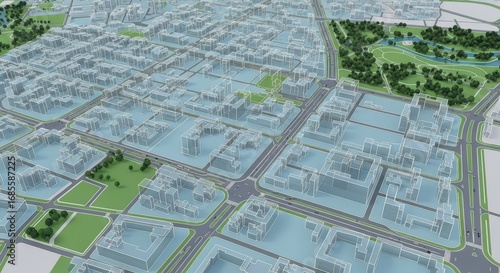 Digital urban layout with transparent buildings and roads. Cadastral map concept for city planning and real estate development.