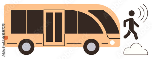 Bus in side view with nearby walking pedestrian emitting wireless signals. Ideal for smart transportation, pedestrian safety, road connectivity, mobility systems, urban planning, communication