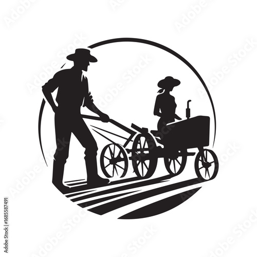 farmers plowing vector silhouette clip art logo design illustration