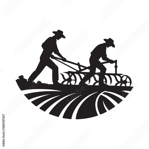 farmers plowing vector silhouette clip art logo design illustration