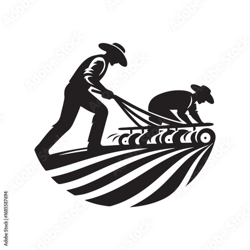 farmers plowing vector silhouette clip art logo design illustration