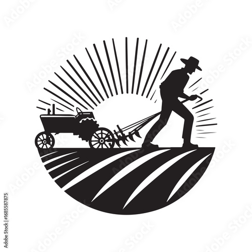 farmers plowing vector silhouette clip art logo design illustration