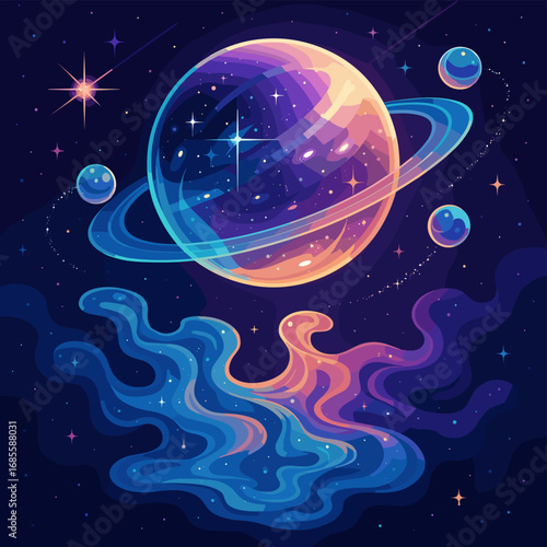 Surreal Cosmic Symphony A Majestic Ringed Planet Adorned with Cosmic Nebulae and Stars in a Vibrant, Mystical Galaxy