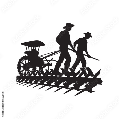 farmers plowing vector silhouette clip art logo design illustration