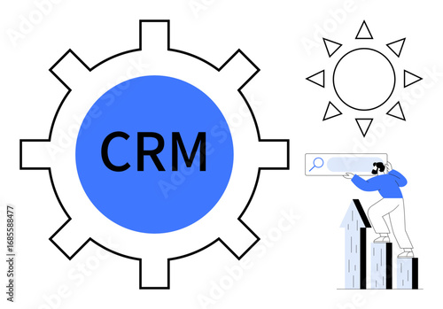 Large gear labeled CRM, man on bar graph holding search element, minimalist sun icon. Ideal for business automation, customer management, development strategy, data integration, process optimization