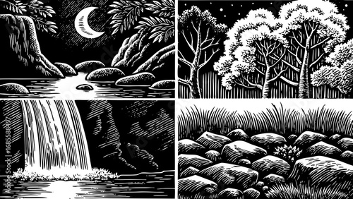 rustic jungle life concept illustrated with a hand drawn doodle icon set, featuring the moon, waterfall, trees, and rocks, perfect for tropical design projects, nature inspired artwork