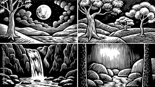 rustic jungle life concept illustrated with a hand drawn doodle icon set, featuring the moon, waterfall, trees, and rocks, perfect for tropical design projects, nature inspired artwork