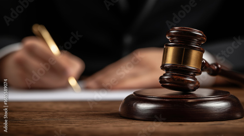 Gavel placed on the table while a person writes notes in a formal setting