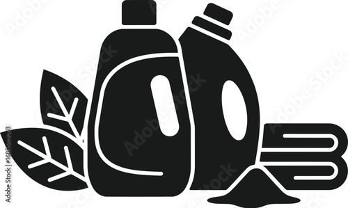 Clean laundry products with leaves and towels icon