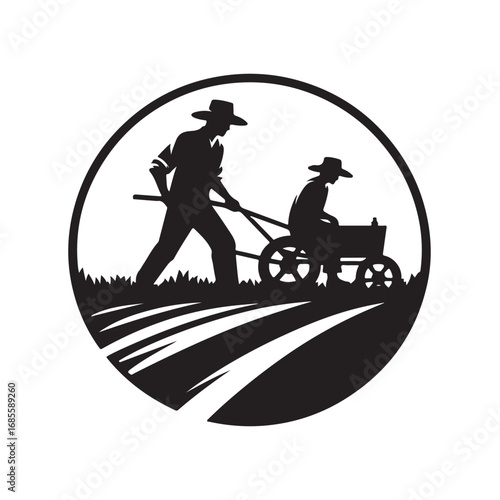 farmers plowing vector silhouette clip art logo design illustration