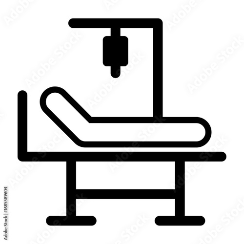 Icon of a hospital bed with an IV drip stand representing medical care, patient admission, healthcare facilities, emergency room, ICU, or hospital services.