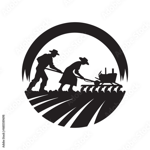 farmers plowing vector silhouette clip art logo design illustration