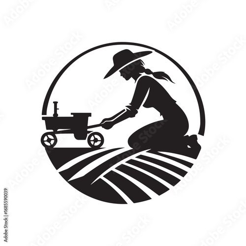 farmers plowing vector silhouette clip art logo design illustration