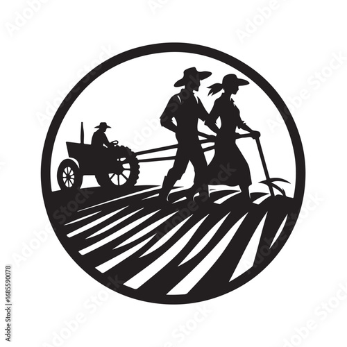 farmers plowing vector silhouette clip art logo design illustration