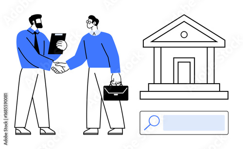 Two businessmen in formal attire handshake near a bank building icon and a search bar. Ideal for banking, partnerships, online services, business agreements, investment, finance, simple landing page