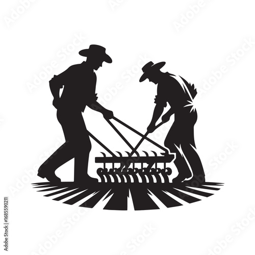 farmers plowing vector silhouette clip art logo design illustration