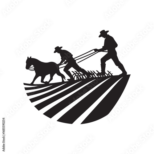 farmers plowing vector silhouette clip art logo design illustration
