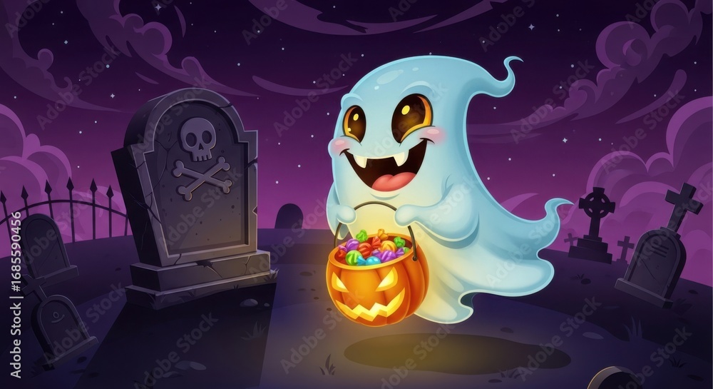 Fototapeta premium Cute cartoon ghost holding a pumpkin bucket full of candy in a spooky graveyard at night