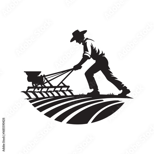 farmers plowing vector silhouette clip art logo design illustration