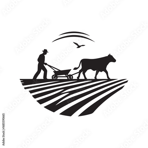 farmers plowing vector silhouette clip art logo design illustration