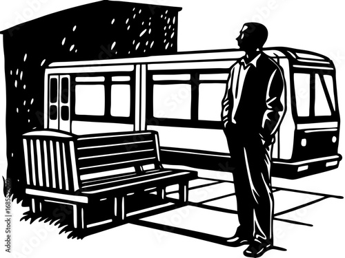 Man Waiting at Tram Stop Silhouette