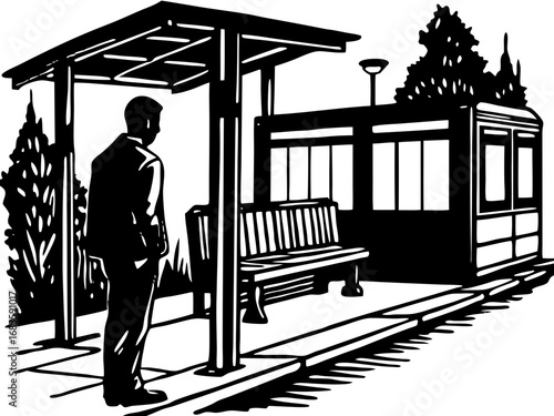 Man Waiting at Tram Stop Silhouette