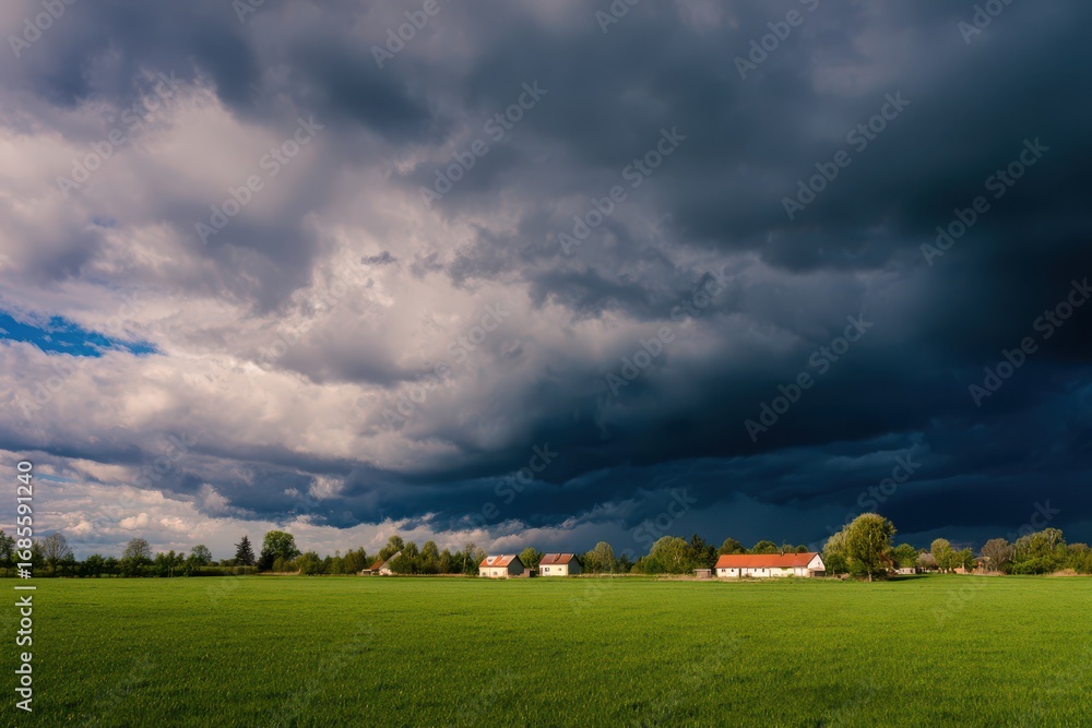 Obraz premium black and blue storm clouds over a green field