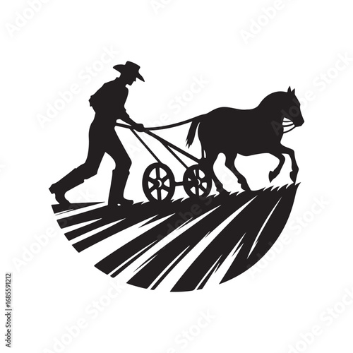 farmers plowing vector silhouette clip art logo design illustration