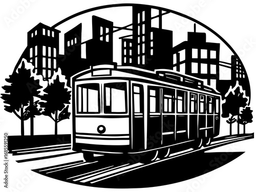 Vintage City Tram Silhouette