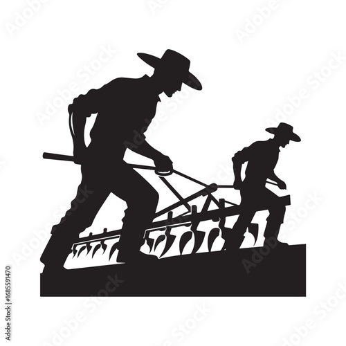farmers plowing vector silhouette clip art logo design illustration