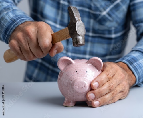 A hand wielding a hammer forcefully strikes a pink piggy bank, symbolizing the destructive nature of squandering financial resources.