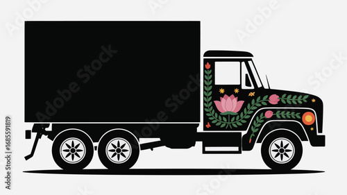 Bold black truck adorned with vibrant floral art and decorative leaves, perfect for delivery or artistic themes.