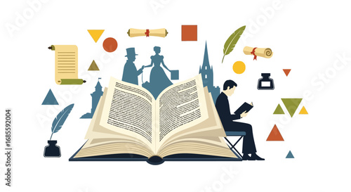 Open book symbolizing knowledge history and literature.
