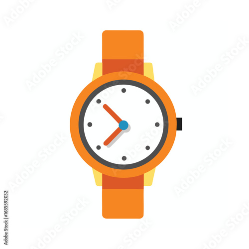 Flat design orange wristwatch with white face and colorful hands