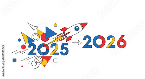 Rocket Launching into the Future Year 2026 from 2025 with Abstract Shapes.
