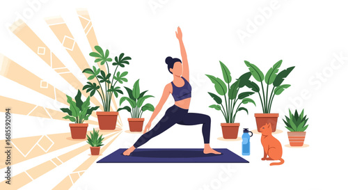 Woman practicing yoga in a serene home environment with her cat.