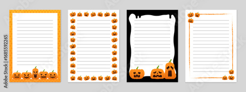 A4 lined white paper with black lines and a decorative Halloween pumpkin border. Perfect for party invitations, kids’ notes, stationery, and seasonal crafts.