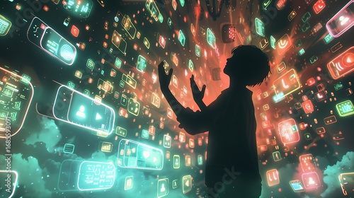 Silhouette of Person Overwhelmed by Digital Apps, Screens and Technology