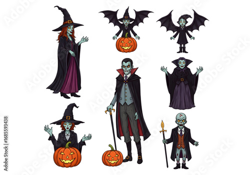 Classic Halloween Characters with Witch, Vampire, and Zombie PNG on Transparent Background