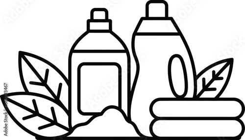 Line art illustration of laundry detergent bottles and fresh laundry with leaves